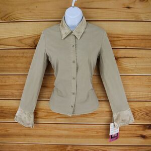 FANG Pearl Button Up Shirt Womens Size M Brown Shimmering Collar & Cuffs NWT